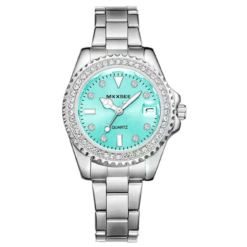 Round diamond strap calendar steel strap watch waterproof and sweat-proof blue pink
Round diamond strap calendar steel strap watch waterproof and sweat-proof blue pink