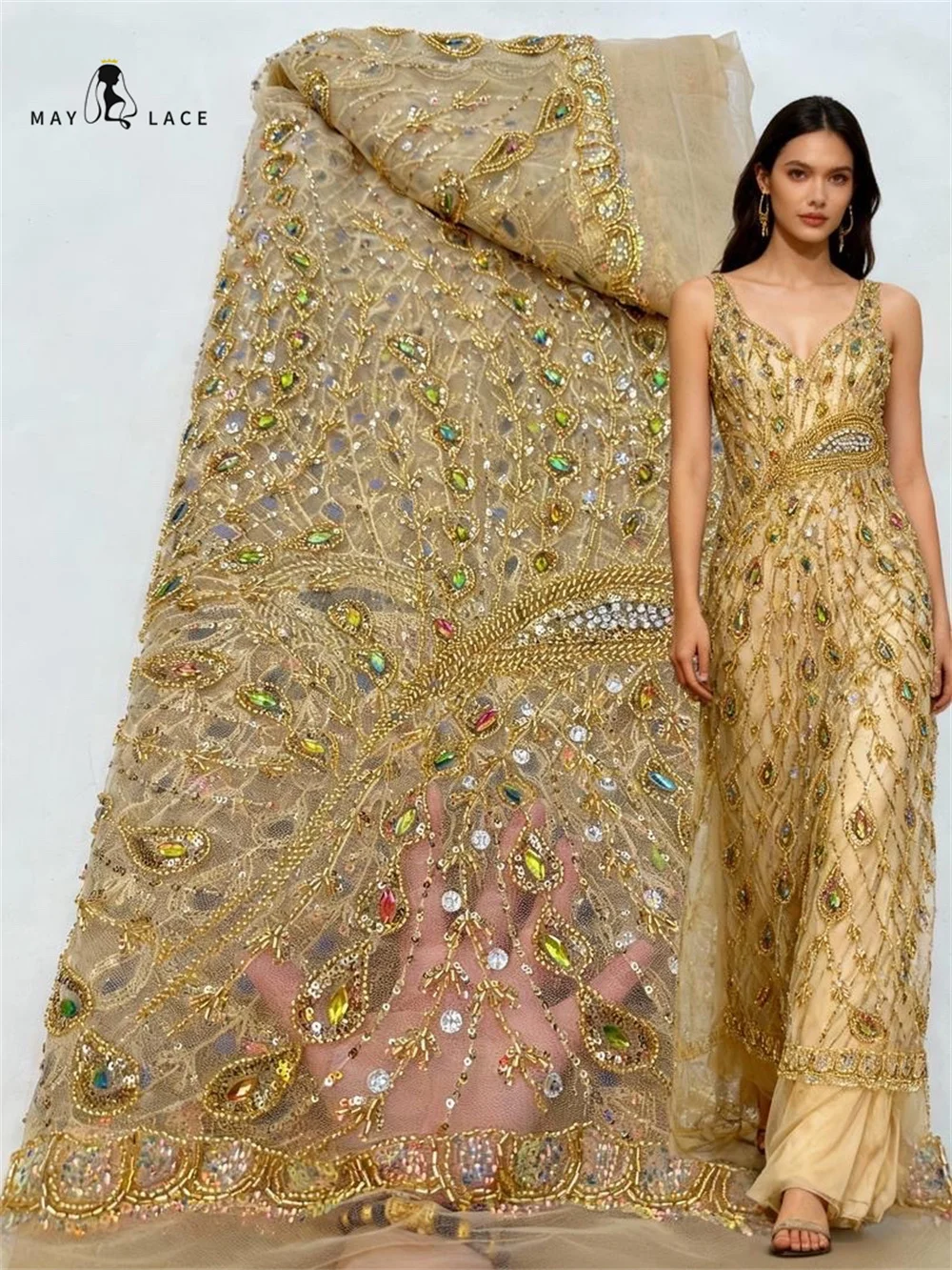 Gold African Big Stones Lace Fabric 2025 High Quality Nigerian Luxury Sequins Mesh Beaded Lace Fabric For Wedding Sewing Dress
Gold African Big Stones Lace Fabric 2025 High Quality Nigerian Luxury Sequins Mesh Beaded Lace Fabric For Wedding Sewing Dress