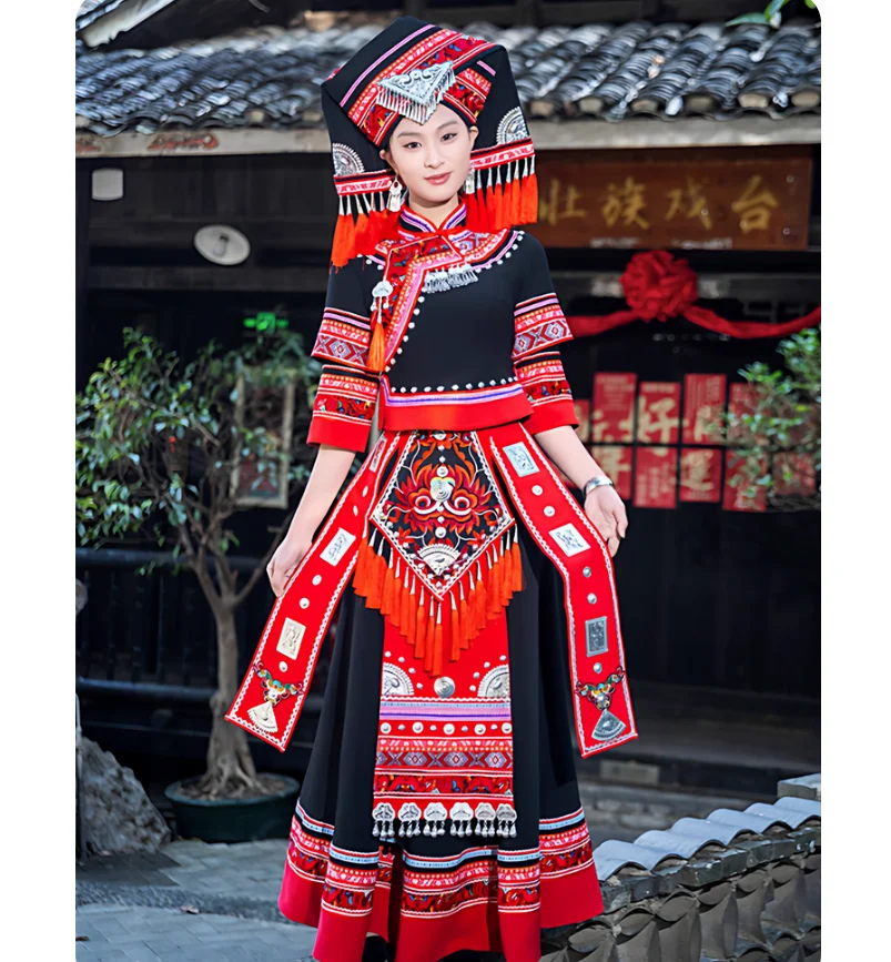 Chinese folk ethnic costume adult brocade dance performance long skirt set
Chinese folk ethnic costume adult brocade dance performance long skirt set