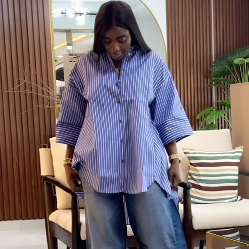 Women Shirts Striped Blouses Button Turn Down Collar Long Sleeves Single Breasted Slight Stretch Loose Fit Casual 2025 Summer
Women Shirts Striped Blouses Button Turn Down Collar Long Sleeves Single Breasted Slight Stretch Loose Fit Casual 2025 Summer