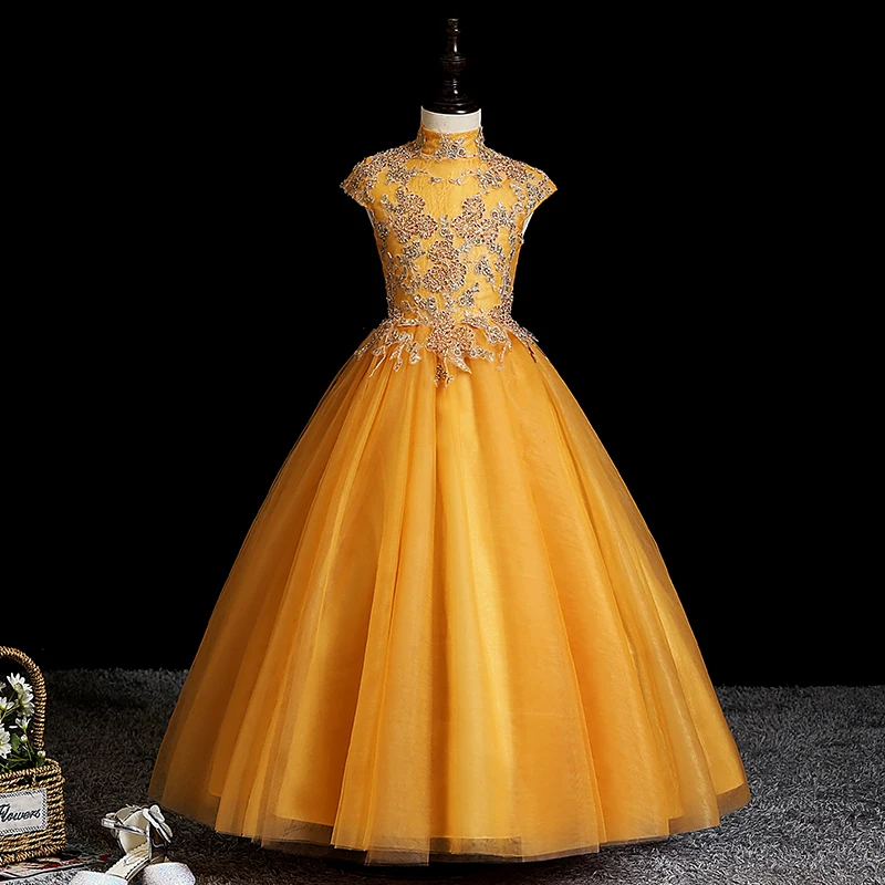 Evening Dress Gold Short Sleeves High Neck Appliques Ball Gown Elegant Zipper Back Floor-Length Party Flower Girl Dresses B1852
Evening Dress Gold Short Sleeves High Neck Appliques Ball Gown Elegant Zipper Back Floor-Length Party Flower Girl Dresses B1852