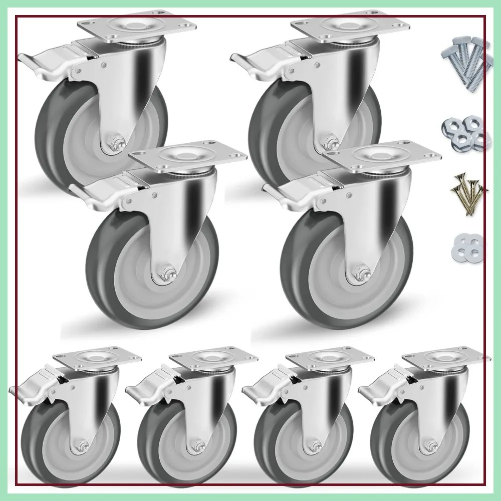 5 inch Caster Wheels Set of 8 Heavy Duty - Locking Swivel with Brake, Non Marking Grey TPR for Cart Furniture Workbench
5 inch Caster Wheels Set of 8 Heavy Duty - Locking Swivel with Brake, Non Marking Grey TPR for Cart Furniture Workbench