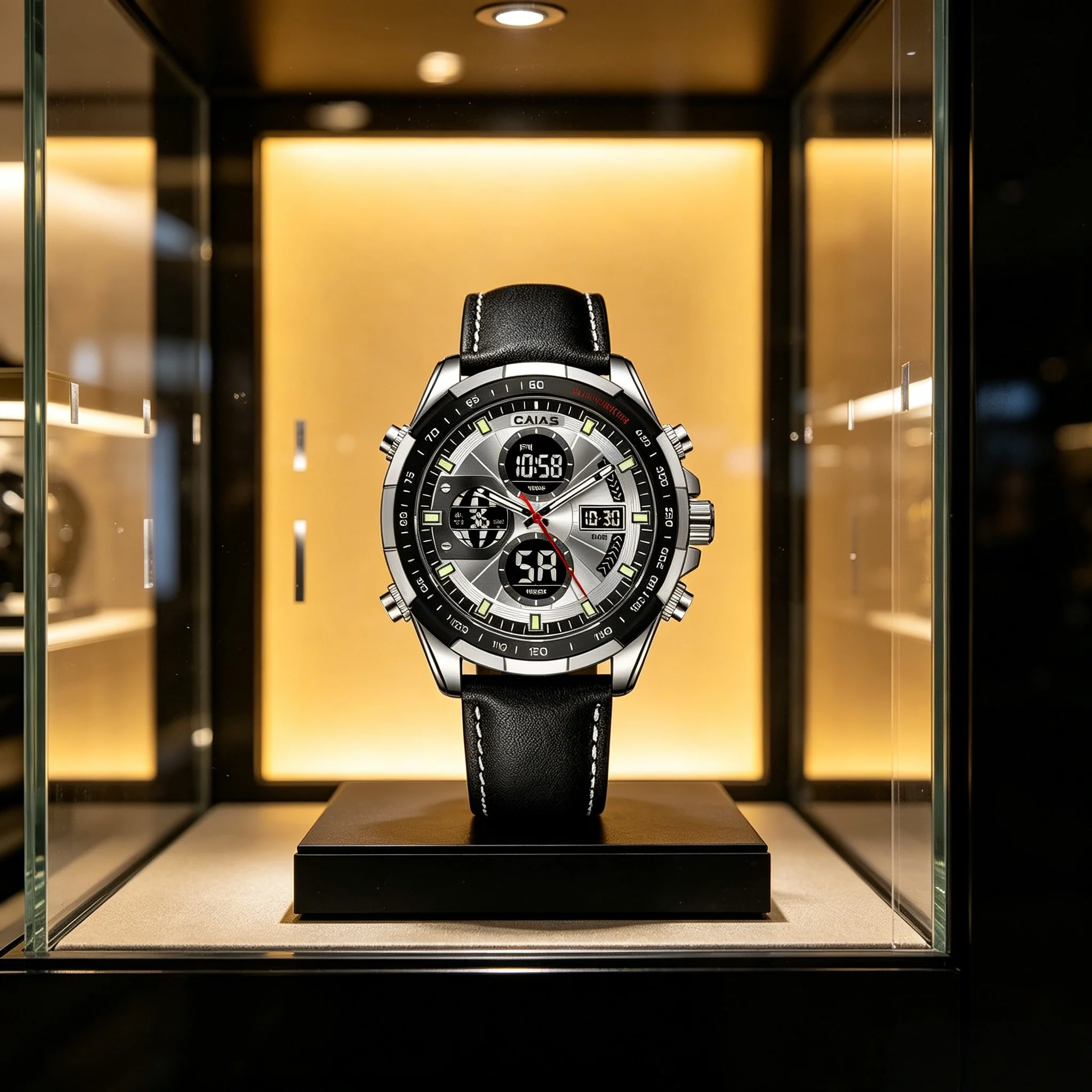 Luxury hardcore racing watch with luminescent dual display, calendar, alarm, and chronograph functions, featuring a large dial
Luxury hardcore racing watch with luminescent dual display, calendar, alarm, and chronograph functions, featuring a large dial