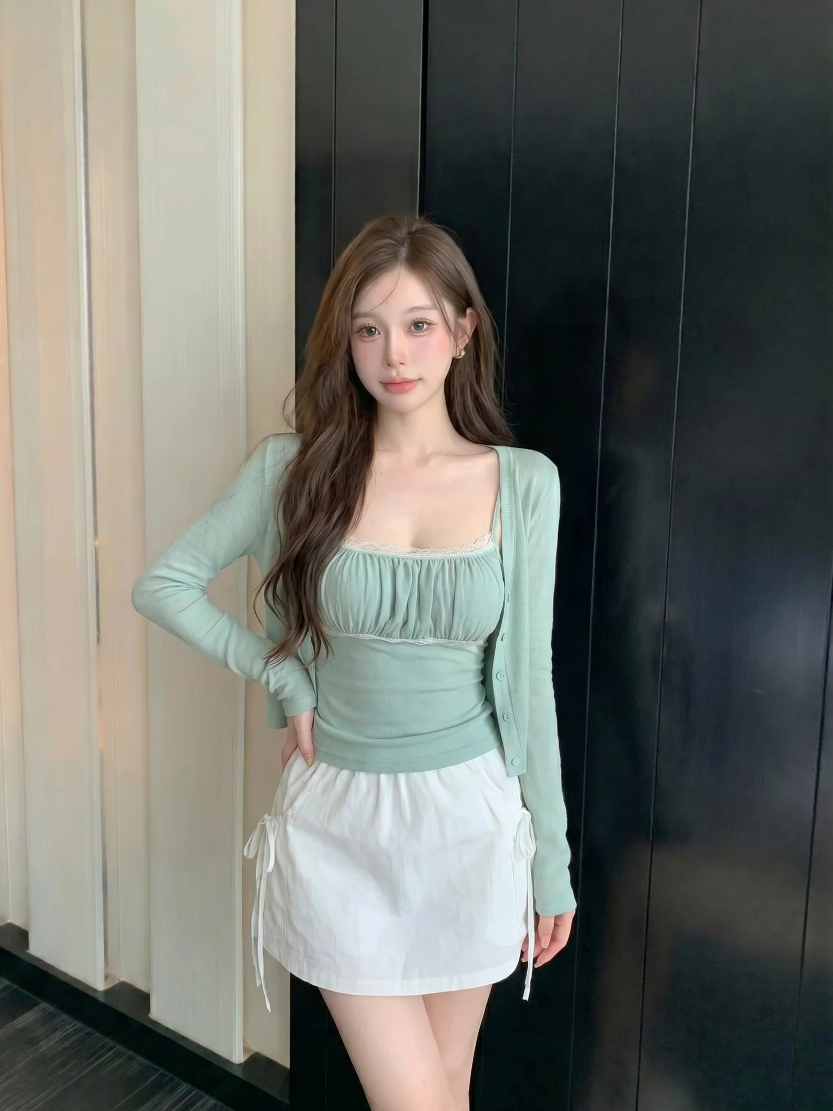 Korean Style Lace Splice Strap Cardigan Two-Piece Set Women Summer Thin Sun Protection Long Sleeve Top Set Matching
Korean Style Lace Splice Strap Cardigan Two-Piece Set Women Summer Thin Sun Protection Long Sleeve Top Set Matching