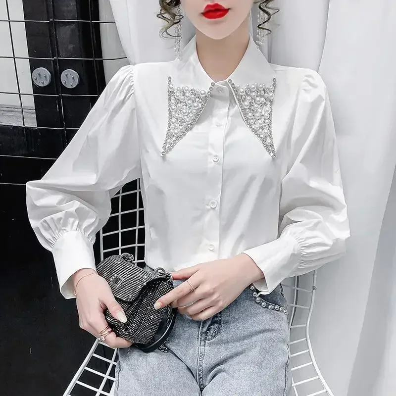 Nail Bead Doll Collar Fashion Blouse Office Lady Spring Autumn All-match Loose Long Sleeve White Elegant Women Cardigan Shirt
Nail Bead Doll Collar Fashion Blouse Office Lady Spring Autumn All-match Loose Long Sleeve White Elegant Women Cardigan Shirt