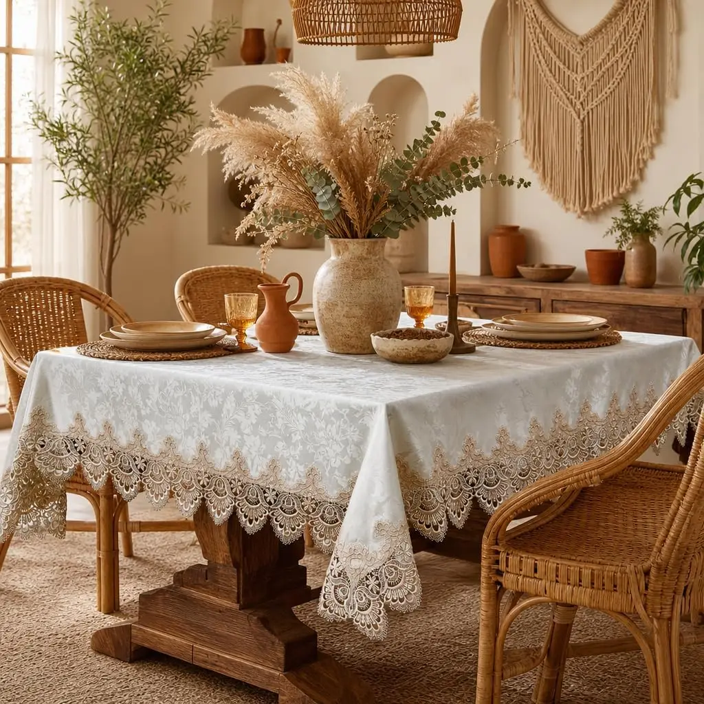 Bohemian Lace Tablecloth 60x120 Inch Rectangular for Outdoor Farmhouse Rustic Decor with Macrame Border
Bohemian Lace Tablecloth 60x120 Inch Rectangular for Outdoor Farmhouse Rustic Decor with Macrame Border