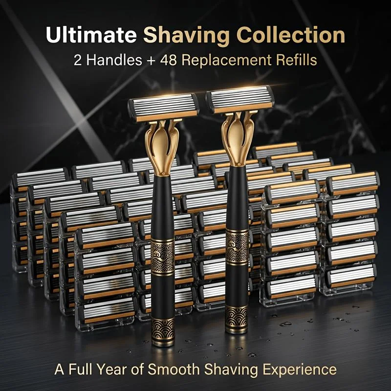 2 black and gold men's manual razors (black handle with gold cloud pattern + gold razor head), paired with 48 replacement heads, combining style and quality, 6-layer blades for efficient shaving and reduced irritation, suitable for daily use
2 black and gold men's manual razors (black handle with gold cloud pattern + gold razor head), paired with 48 replacement heads, combining style and quality, 6-layer blades for efficient shaving and reduced irritation, suitable for daily use