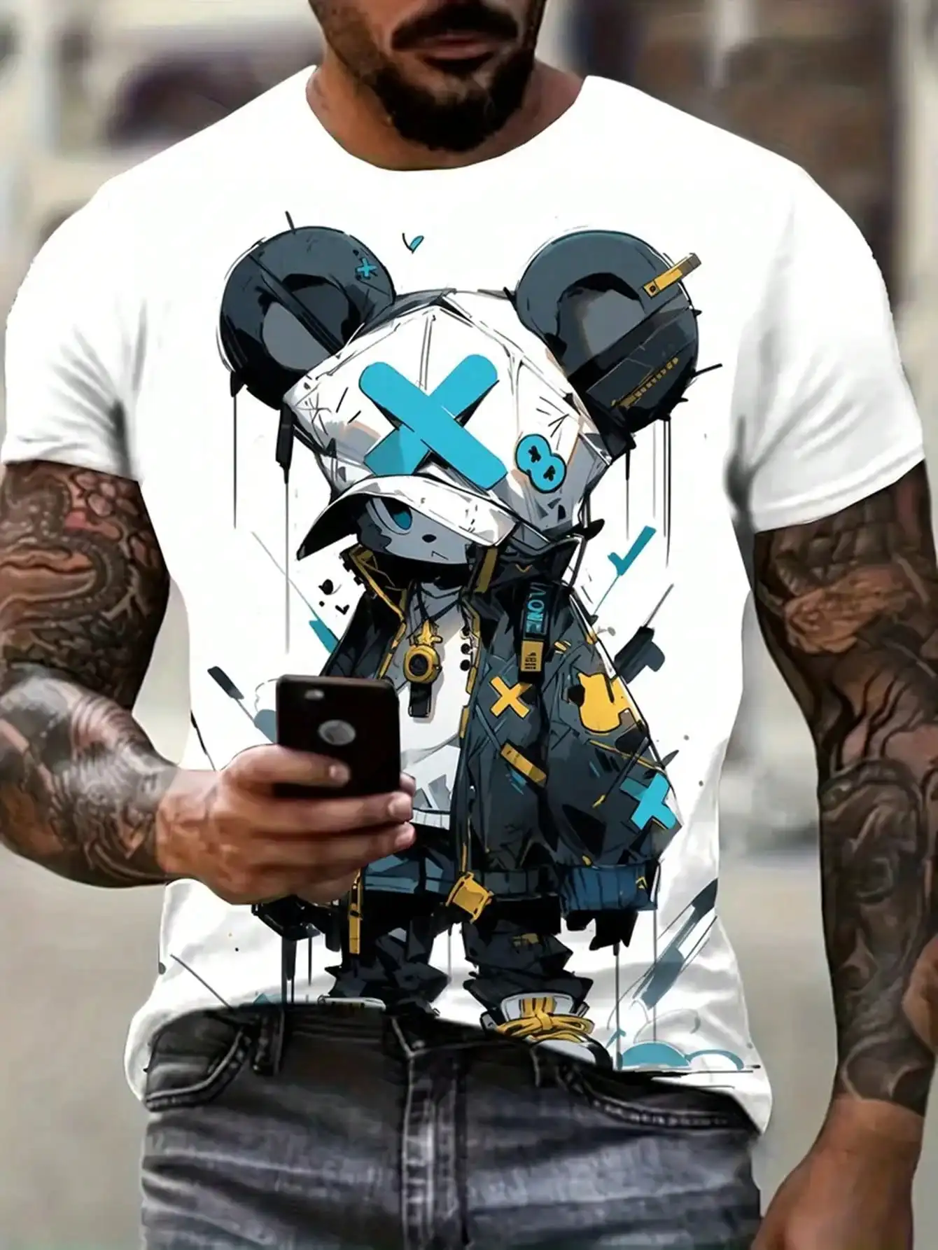 Men's Streetwear Graphic Print T-Shirt - White Crew Neck, Short Sleeve, Polyester Blend with Urban Art Design
Men's Streetwear Graphic Print T-Shirt - White Crew Neck, Short Sleeve, Polyester Blend with Urban Art Design