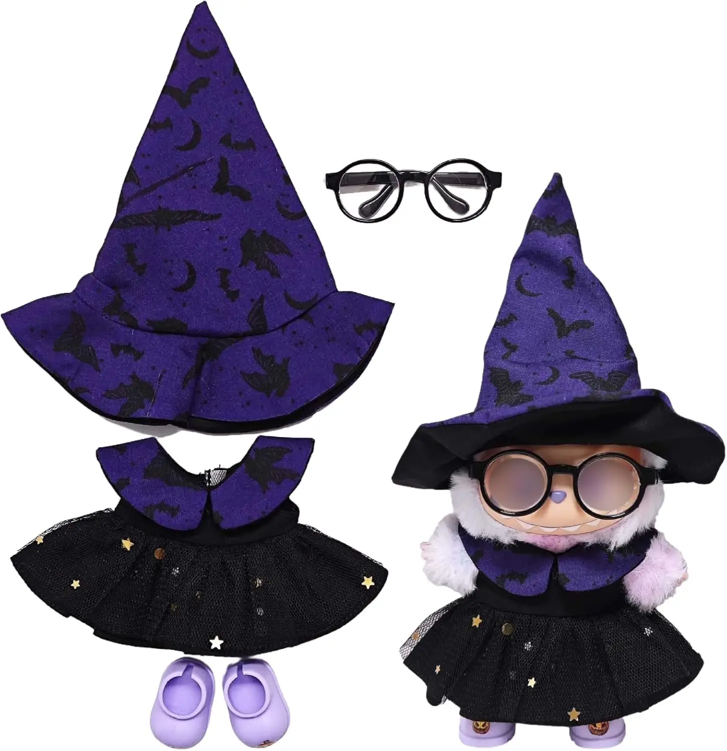 4pcs Doll Clothes for Labubu 17cm Halloween Witch Hat + Dress + Boots + Glasses Spooky Accessories Set (No Doll) (Purple)
4pcs Doll Clothes for Labubu 17cm Halloween Witch Hat + Dress + Boots + Glasses Spooky Accessories Set (No Doll) (Purple)