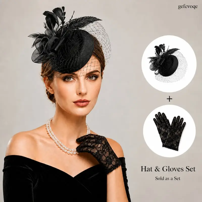 2Pcs Womens Fascinator Hat Lace Gloves Set for Tea Party Derby Wedding
2Pcs Womens Fascinator Hat Lace Gloves Set for Tea Party Derby Wedding