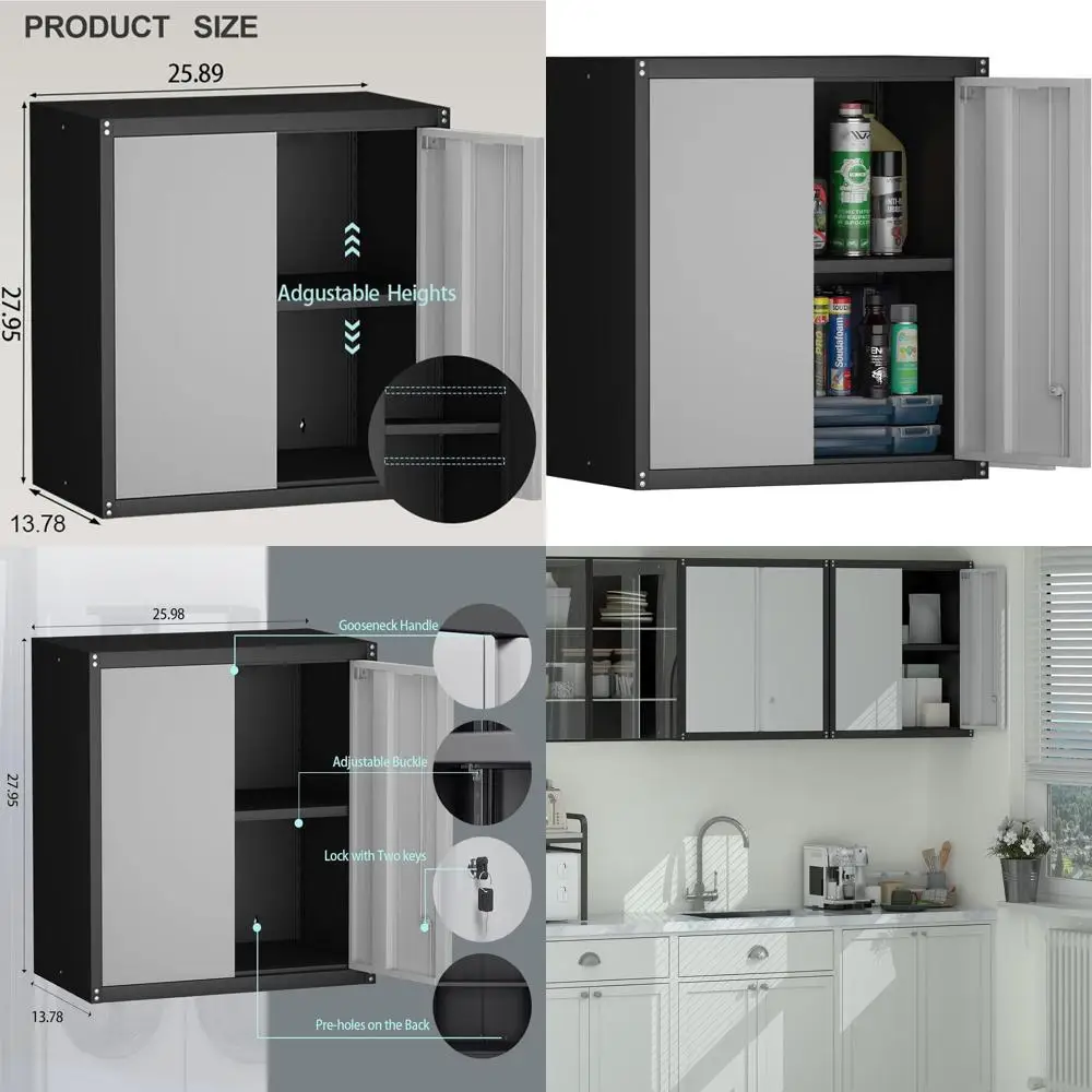 Dual-Door Garage Storage Cabinet with Lockable Wall Mount, Adjustable Shelves for Home, Workshop, School, Grey-Black
Dual-Door Garage Storage Cabinet with Lockable Wall Mount, Adjustable Shelves for Home, Workshop, School, Grey-Black