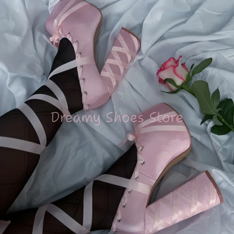 Pink Silk Lace-Up Platform Ankle Boots Women Leather Round Toe Chunky Heel Sandals Sweet Fashion Party Catwalk Lolita High Heels
Pink Silk Lace-Up Platform Ankle Boots Women Leather Round Toe Chunky Heel Sandals Sweet Fashion Party Catwalk Lolita High Heels