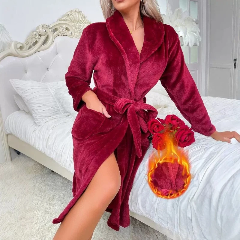 Burgundy Color Flannel Bathrobe for Women Long Sleeved Thickened Robe Nightgown Warm Pajamas for Autumn Winter
Burgundy Color Flannel Bathrobe for Women Long Sleeved Thickened Robe Nightgown Warm Pajamas for Autumn Winter