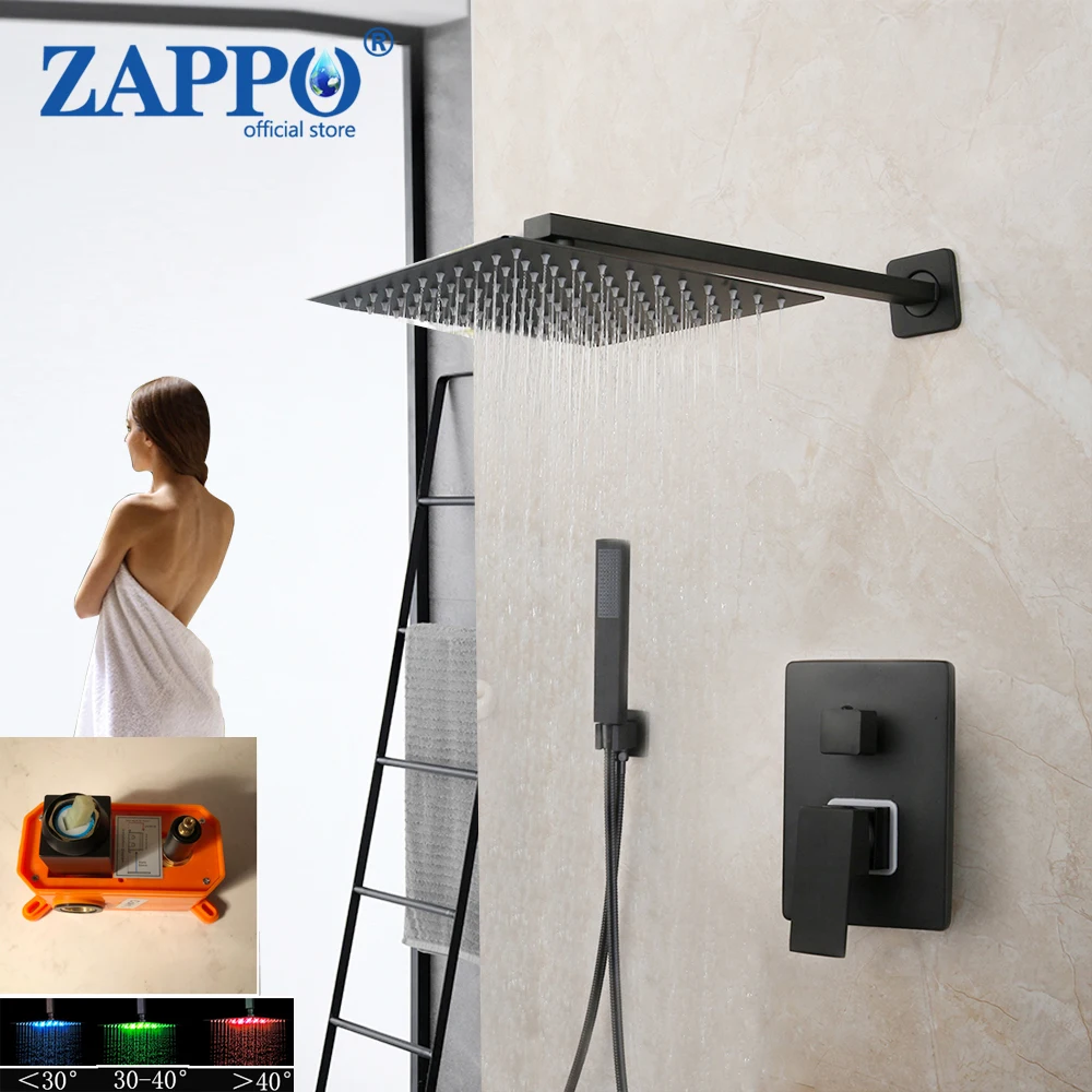 ZAPPO Matte Black LED Bathroom Shower Faucet Set Wall Mounted Shower Head Mixer W/ Embedded Box Valve Rainfall Shower Systerm
ZAPPO Matte Black LED Bathroom Shower Faucet Set Wall Mounted Shower Head Mixer W/ Embedded Box Valve Rainfall Shower Systerm