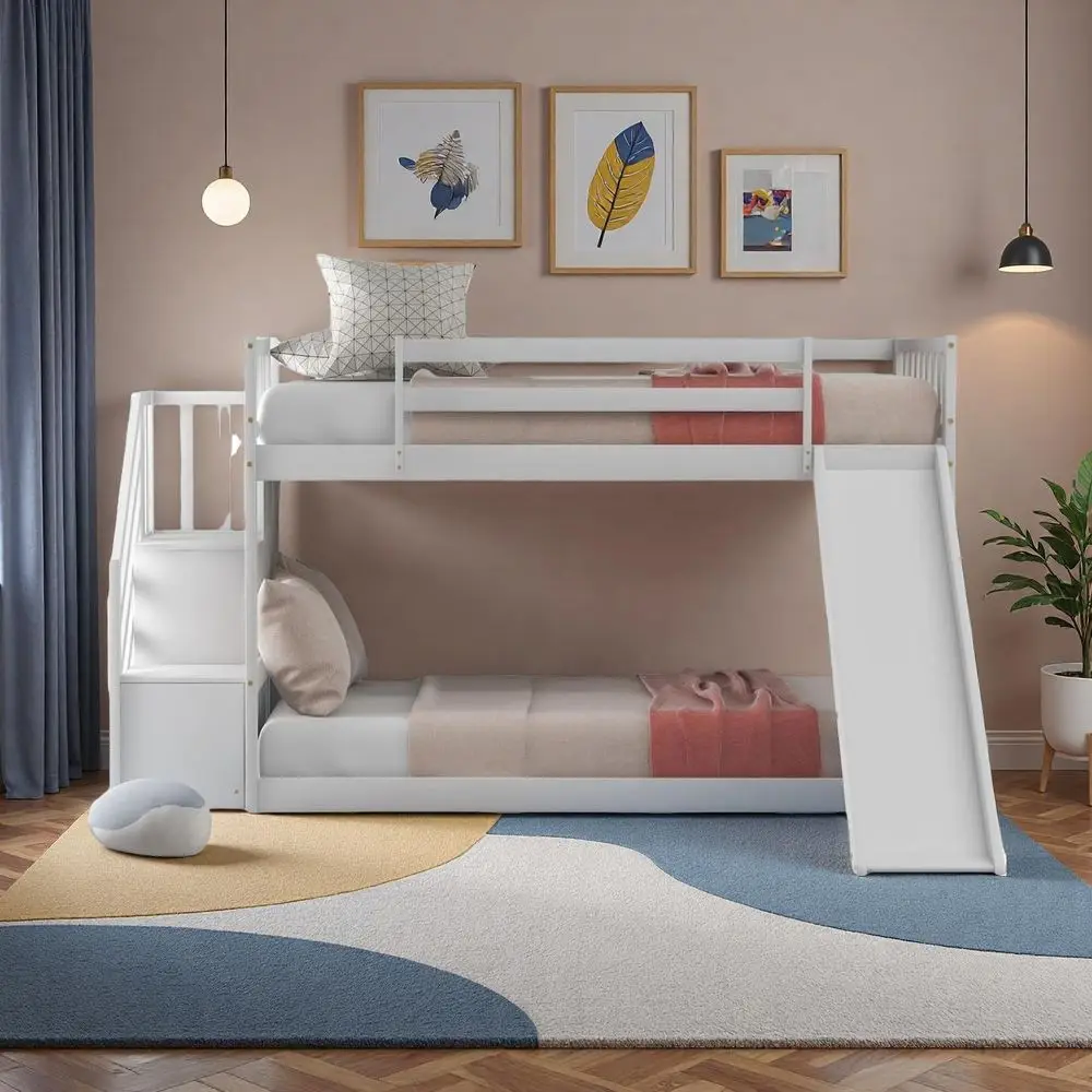 Twin Over Twin Bunk Bed with Slide and Stairs, Solid Wood, Storage, Kids' Space-Saving White
Twin Over Twin Bunk Bed with Slide and Stairs, Solid Wood, Storage, Kids' Space-Saving White