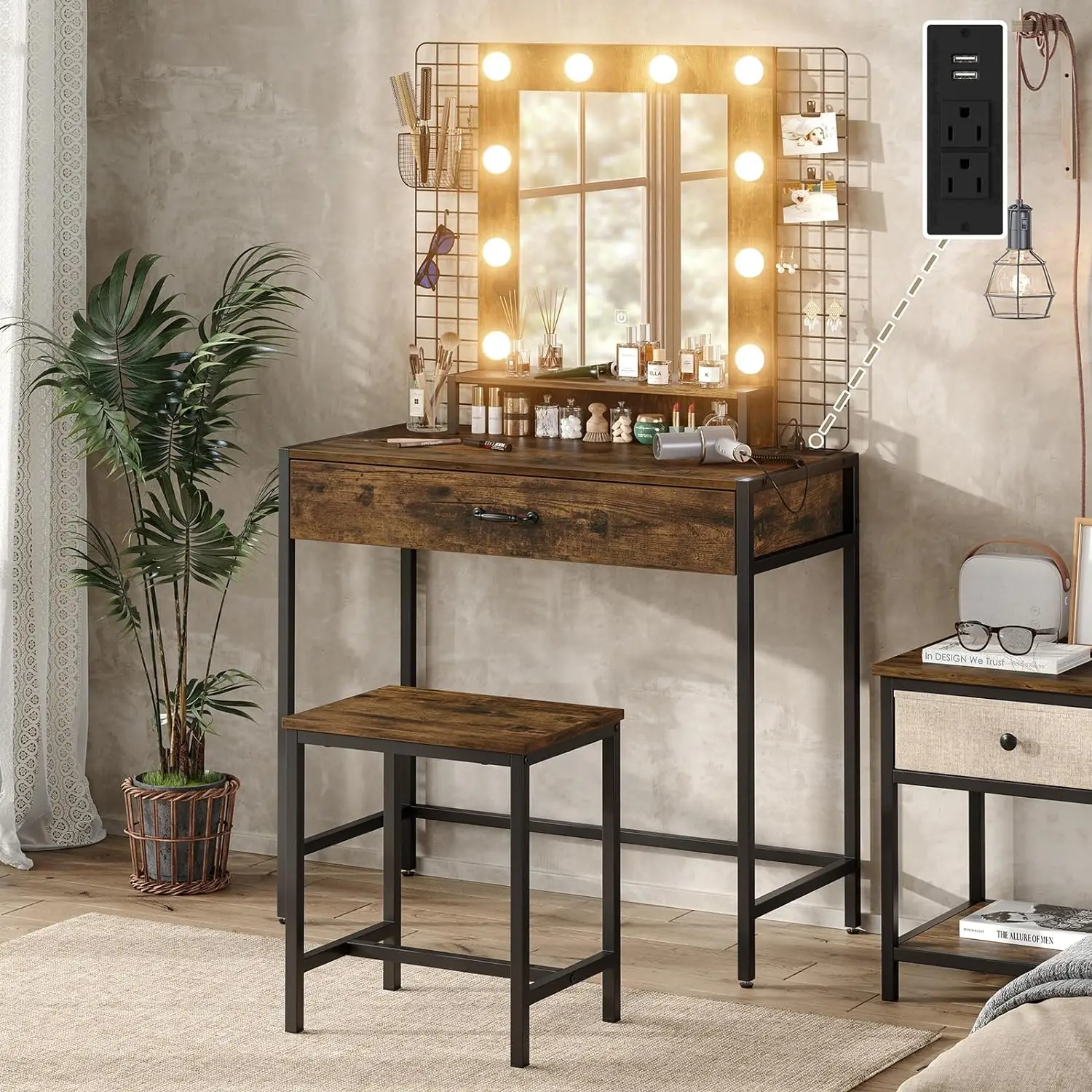 Makeup Vanity Desk Set with LED Lights and Mirror, 33" W Makeup Table with Drawer & Charging Station, Dressing Table with Stool
Makeup Vanity Desk Set with LED Lights and Mirror, 33" W Makeup Table with Drawer & Charging Station, Dressing Table with Stool