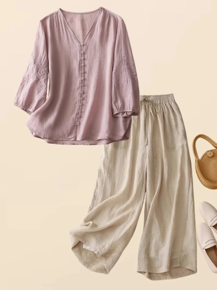 Casual Cotton Linen Set for Mom Summer New Style Fashionable Small Size Two Pieces Thin Bubble Sleeve V Neck Open Cardigan
Casual Cotton Linen Set for Mom Summer New Style Fashionable Small Size Two Pieces Thin Bubble Sleeve V Neck Open Cardigan