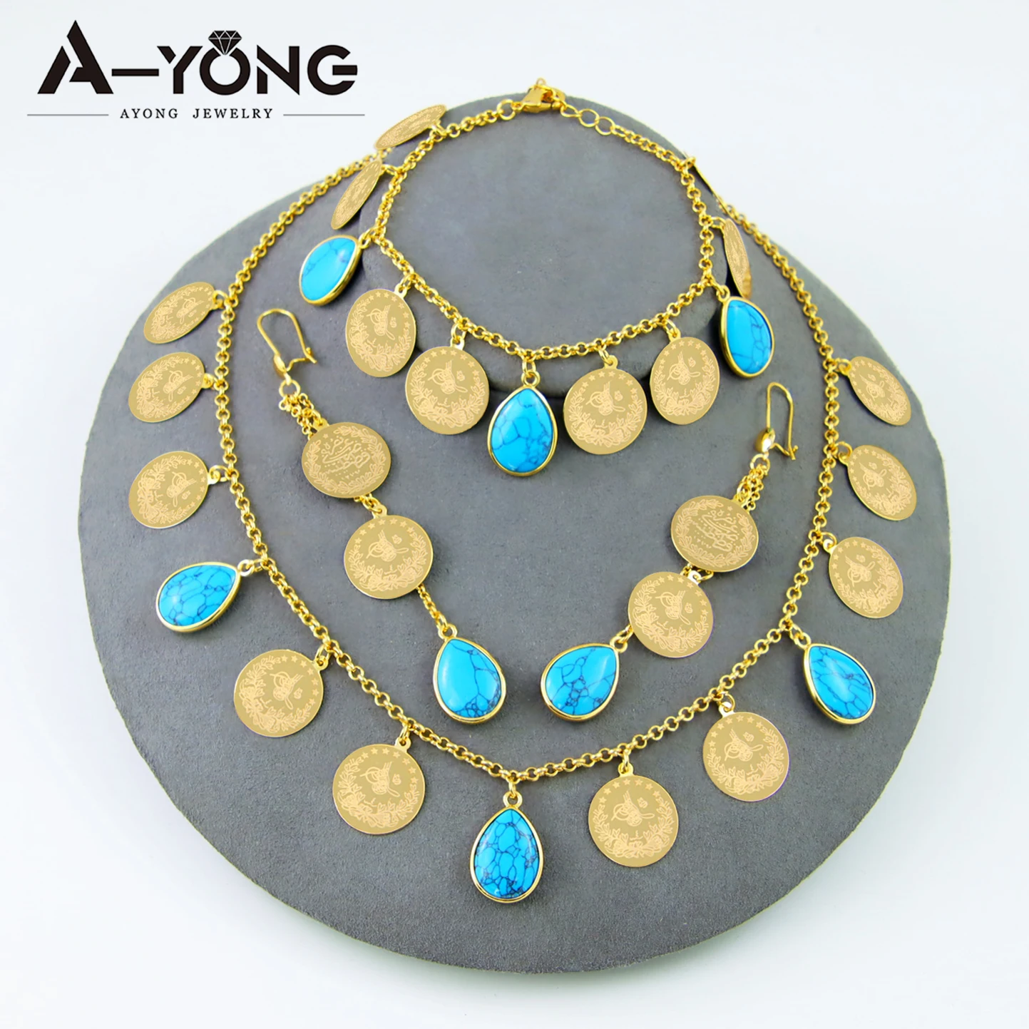 Dubai Fashion Turquoise Jewelry Set 21k Gold Plated Ethiopian Bridal Coins Necklace Bracelet Earrings Arabic Tassel Jewelrys
Dubai Fashion Turquoise Jewelry Set 21k Gold Plated Ethiopian Bridal Coins Necklace Bracelet Earrings Arabic Tassel Jewelrys