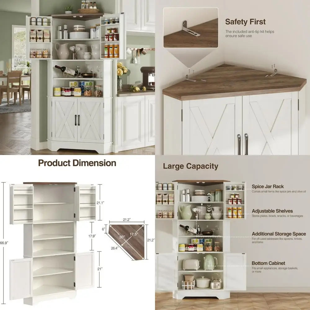 6-Tier Tall Corner Kitchen Pantry Cabinet with 4 Barn Doors and Shelves, 67 Inch High Storage Solution for Food Hutch
6-Tier Tall Corner Kitchen Pantry Cabinet with 4 Barn Doors and Shelves, 67 Inch High Storage Solution for Food Hutch