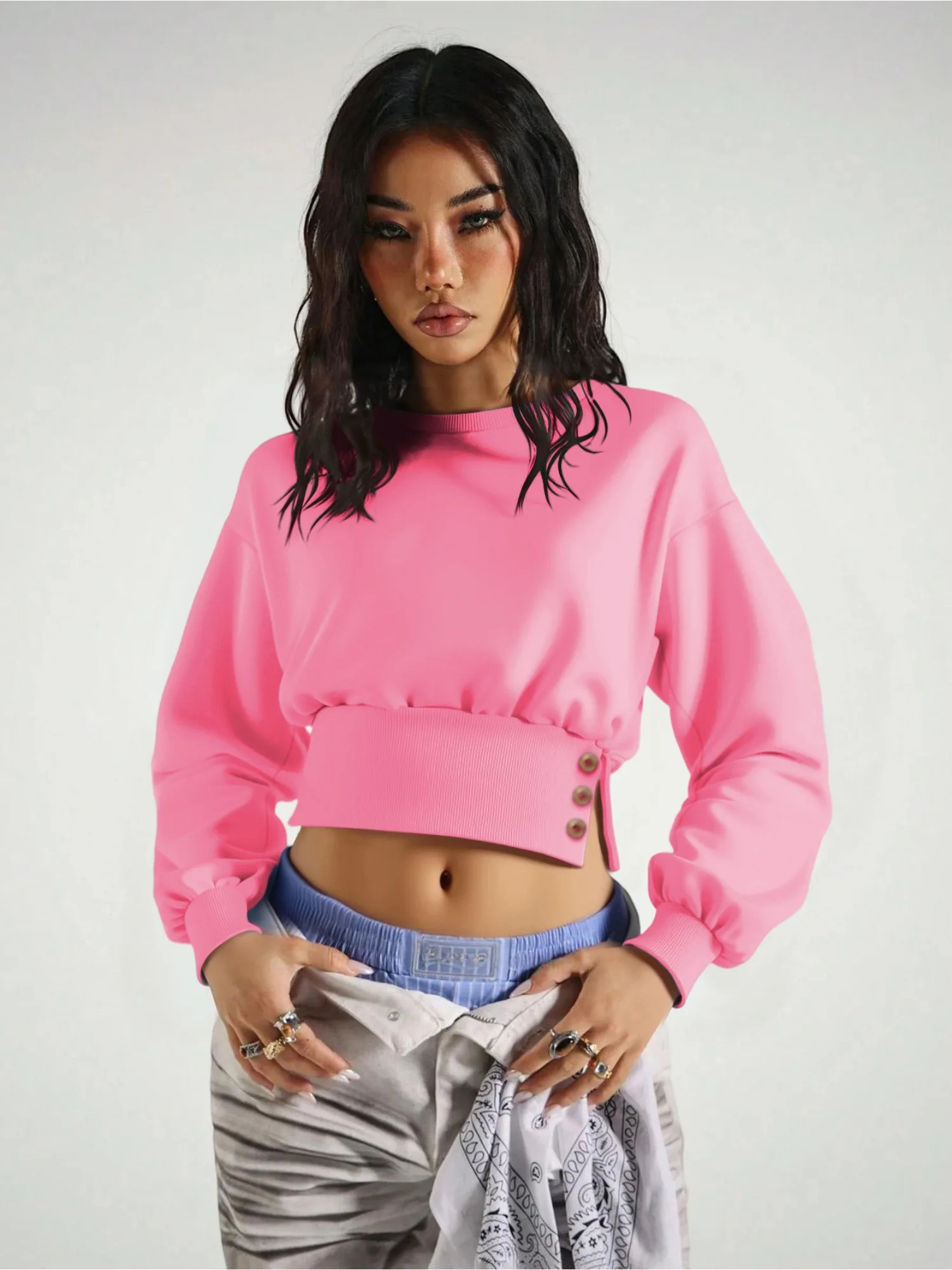 Fashion Women Cropped Sweatshirt, Crew Neck Long Sleeve Ruched Waist Button Side Tops, Simple Solid Color Casual Street Style
Fashion Women Cropped Sweatshirt, Crew Neck Long Sleeve Ruched Waist Button Side Tops, Simple Solid Color Casual Street Style
