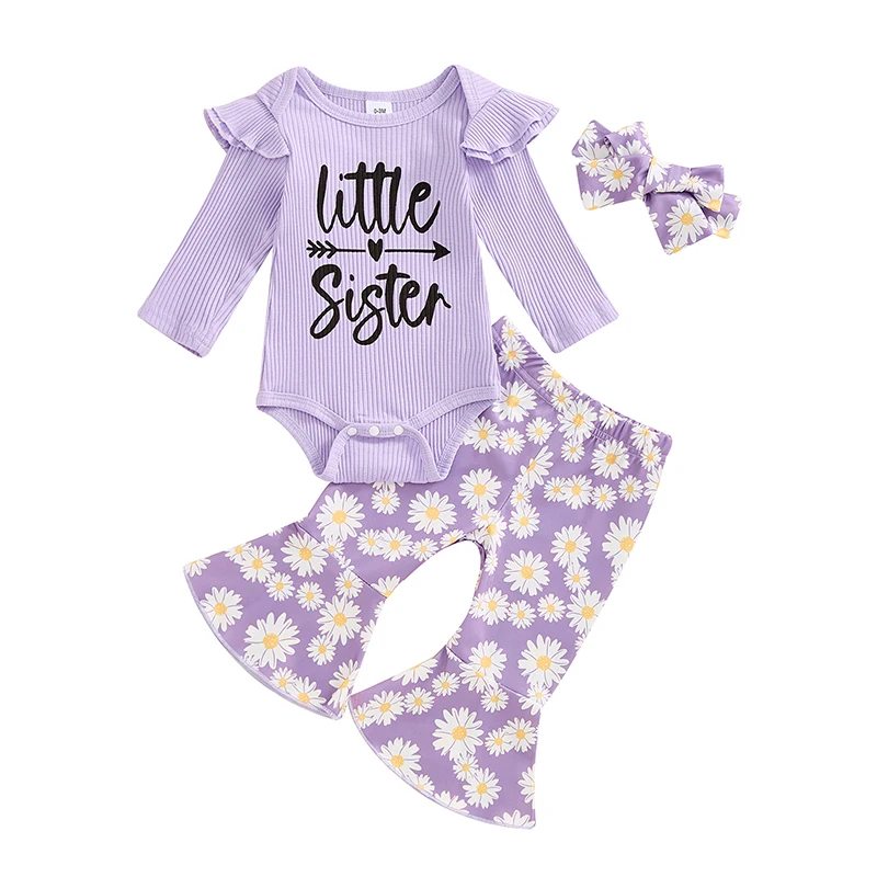 Infant Fall Clothes Baby Girl Flare Pants Set Letter Print Bodysuit Daisy Print Bell Bottoms With Bow Ribbed Outfit
Infant Fall Clothes Baby Girl Flare Pants Set Letter Print Bodysuit Daisy Print Bell Bottoms With Bow Ribbed Outfit