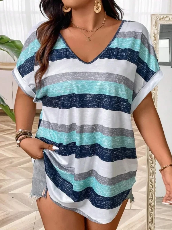 Fashion Plus Size 1XL-5XL Women Summer Striped Printed Short Sleeved T-shirt Ladies Casual V-neck Knit Top T-shirt
Fashion Plus Size 1XL-5XL Women Summer Striped Printed Short Sleeved T-shirt Ladies Casual V-neck Knit Top T-shirt