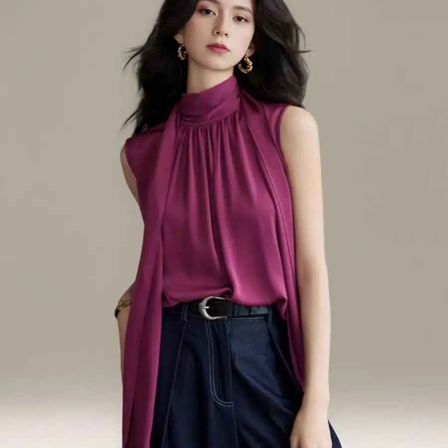 Silky Texture Ribbon Around The Neck Stand Collar Sleeveless Shirts Women Blouse Elegant Office Lady Roupas Chemise Summer 2025
Silky Texture Ribbon Around The Neck Stand Collar Sleeveless Shirts Women Blouse Elegant Office Lady Roupas Chemise Summer 2025