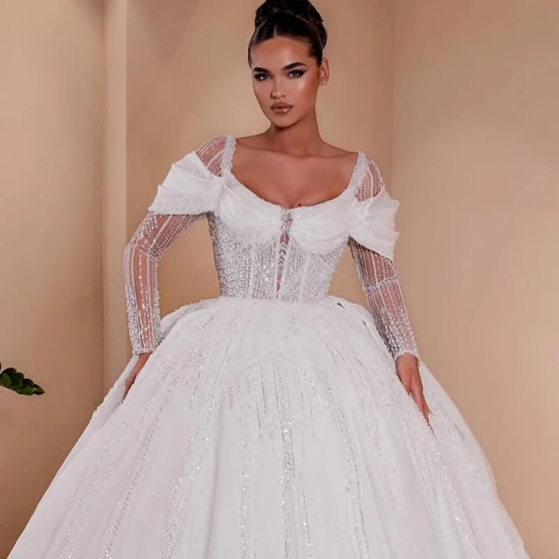 White Appliques Wedding Dresses off-shoulder puff skirt glitter decal Gowns Made long sleeves wedding dress Customized
White Appliques Wedding Dresses off-shoulder puff skirt glitter decal Gowns Made long sleeves wedding dress Customized
