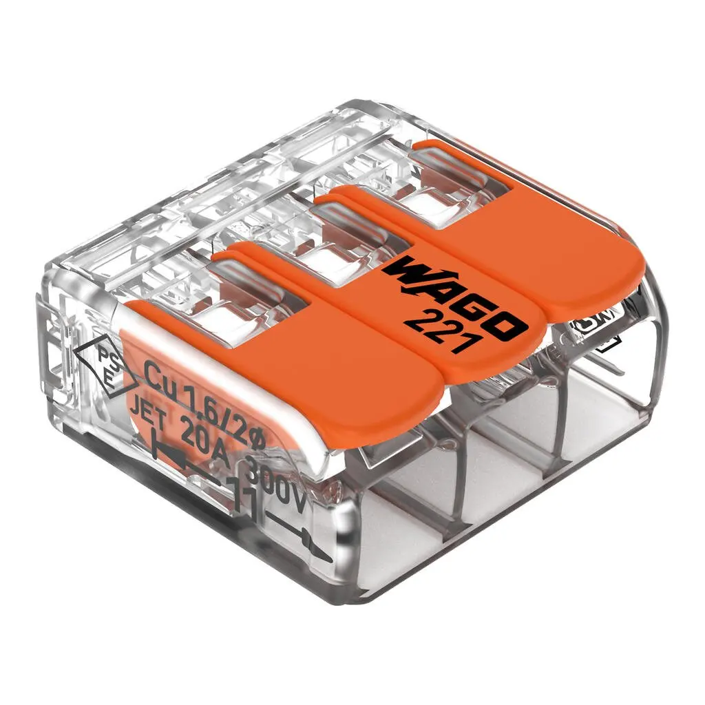 50PCS per box original WAGO 221-413 3-hole 4MM² quick terminal with lever Compact wire connector Transparent orange
50PCS per box original WAGO 221-413 3-hole 4MM² quick terminal with lever Compact wire connector Transparent orange