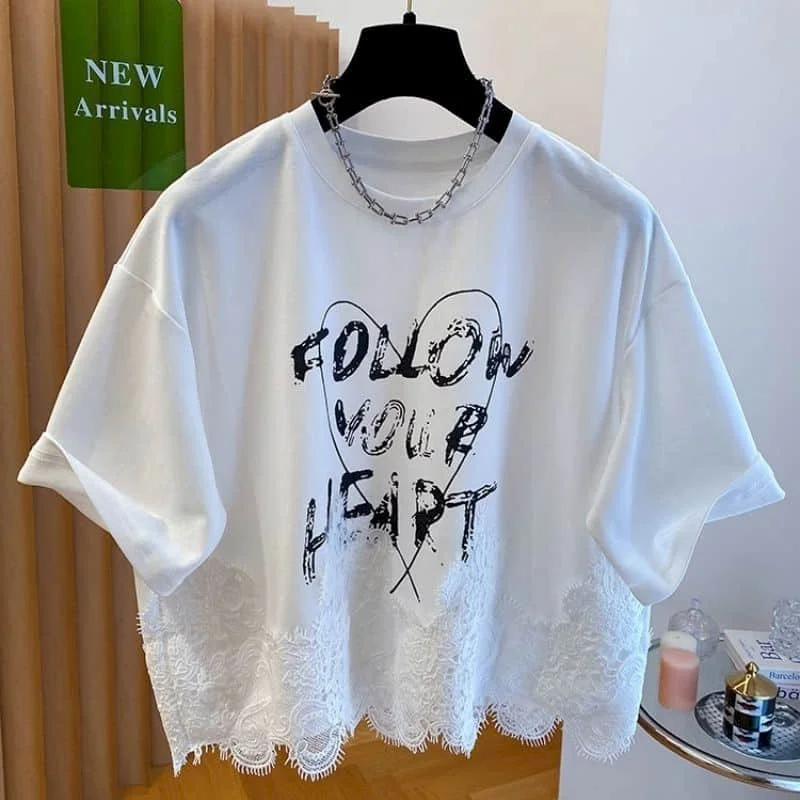 O-neck T-shirts Women Summer Loose Printed Lace Cropped Tops Oversized Casual Korean Style Short Sleeve Aesthetic Women Clothes
O-neck T-shirts Women Summer Loose Printed Lace Cropped Tops Oversized Casual Korean Style Short Sleeve Aesthetic Women Clothes