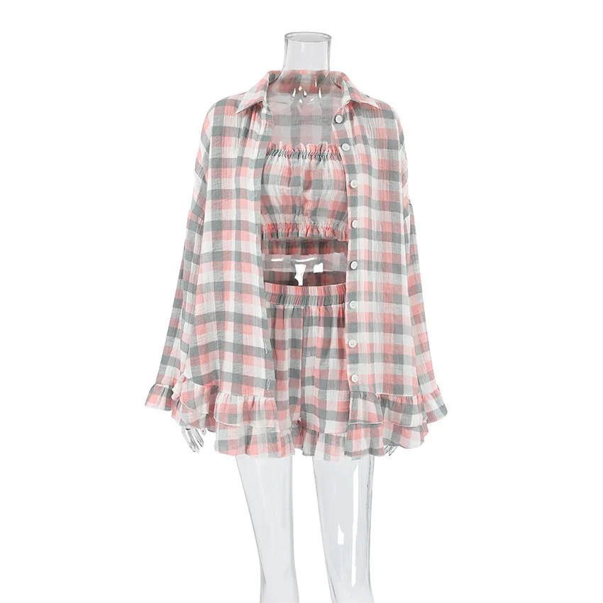 Shpmishal 2026 New Plaid 3 Piece Pajama Set Women Ruffle Trim Strapless Crop Top Shorts Linen Blend Loungewear
Shpmishal 2026 New Plaid 3 Piece Pajama Set Women Ruffle Trim Strapless Crop Top Shorts Linen Blend Loungewear