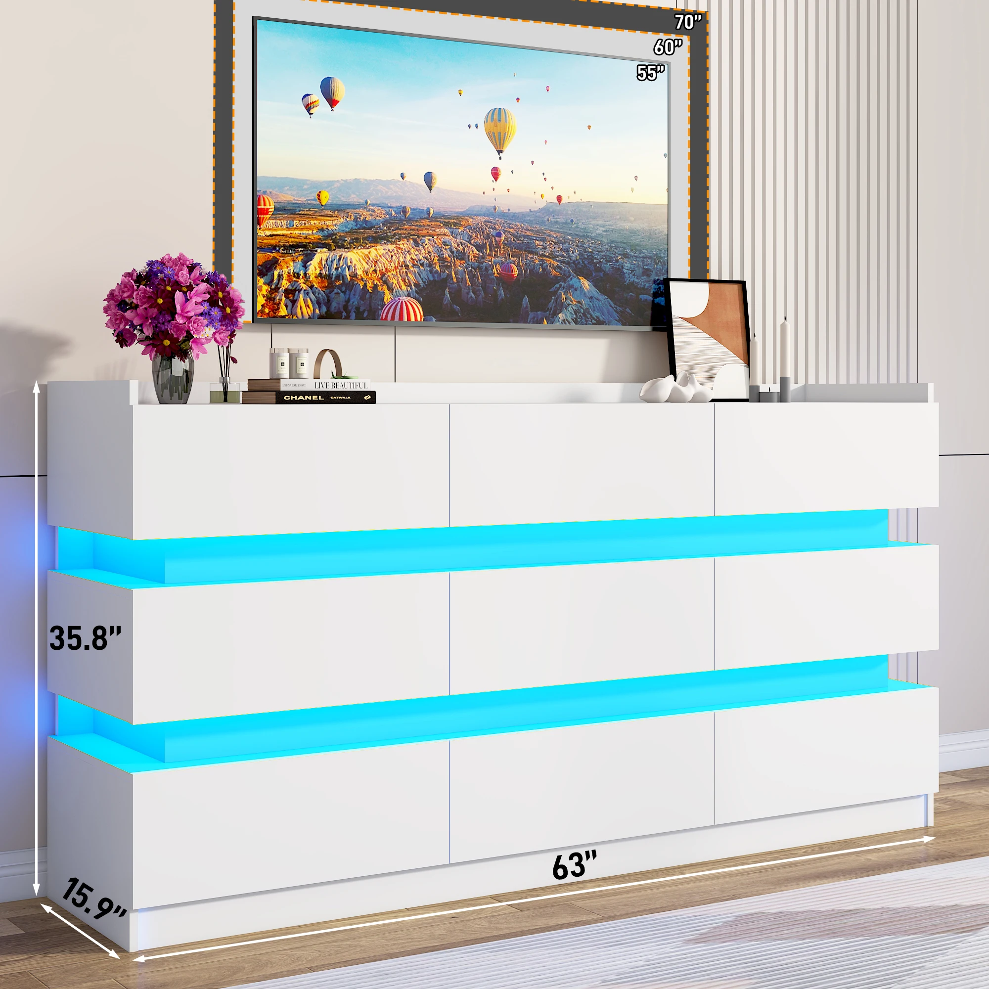 Customizable 9 Drawer Dresser for Bedroom, Modern Wooden Chest with 6000-Colors LED Lighting, Power Outlets
Customizable 9 Drawer Dresser for Bedroom, Modern Wooden Chest with 6000-Colors LED Lighting, Power Outlets