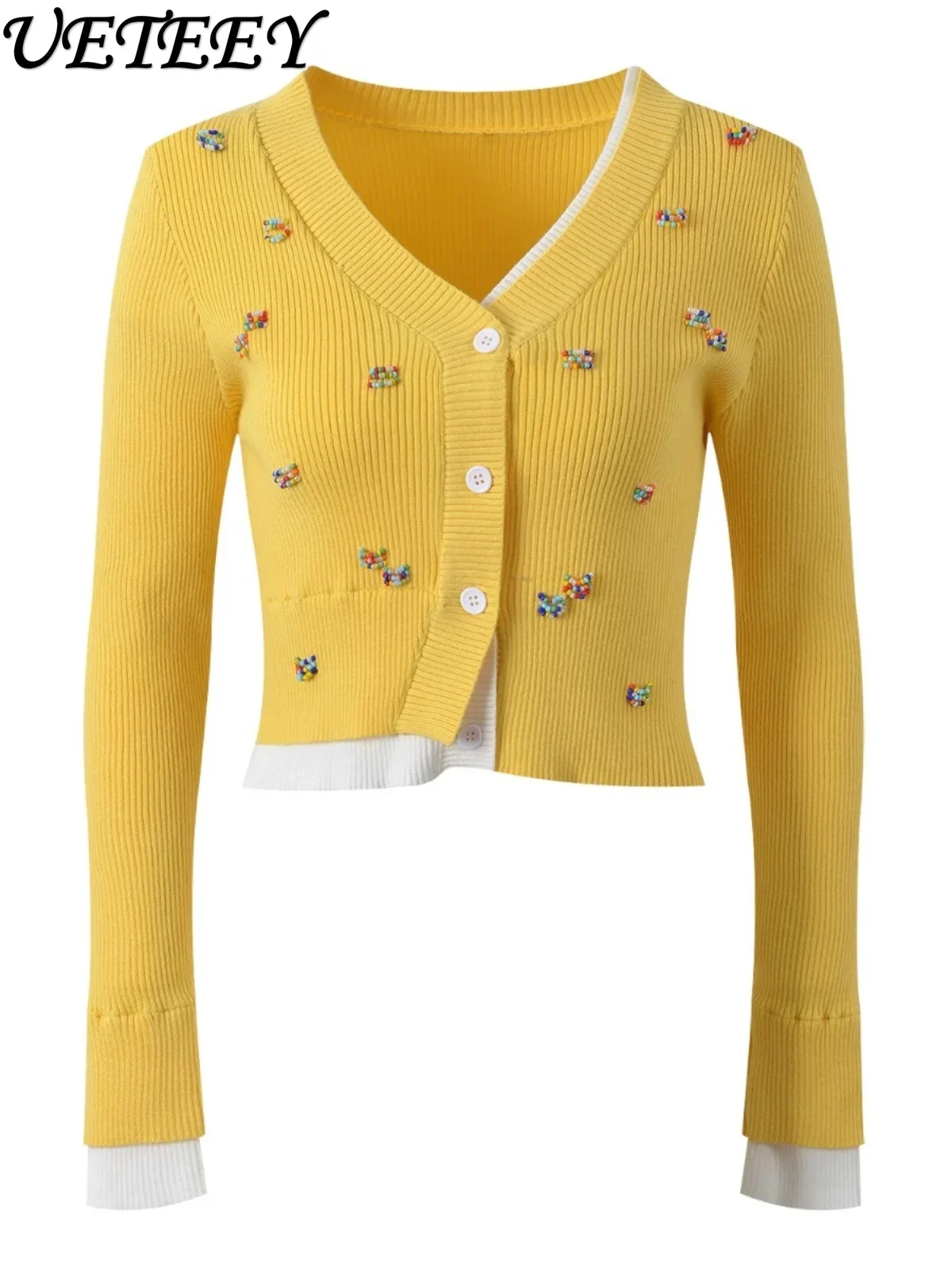 Heavy Industry Beads Contrasting Colors Slim Versatile V-neck Long-sleeve Knitted Cardigan Jacket Autumn New Short Sweater Top
Heavy Industry Beads Contrasting Colors Slim Versatile V-neck Long-sleeve Knitted Cardigan Jacket Autumn New Short Sweater Top