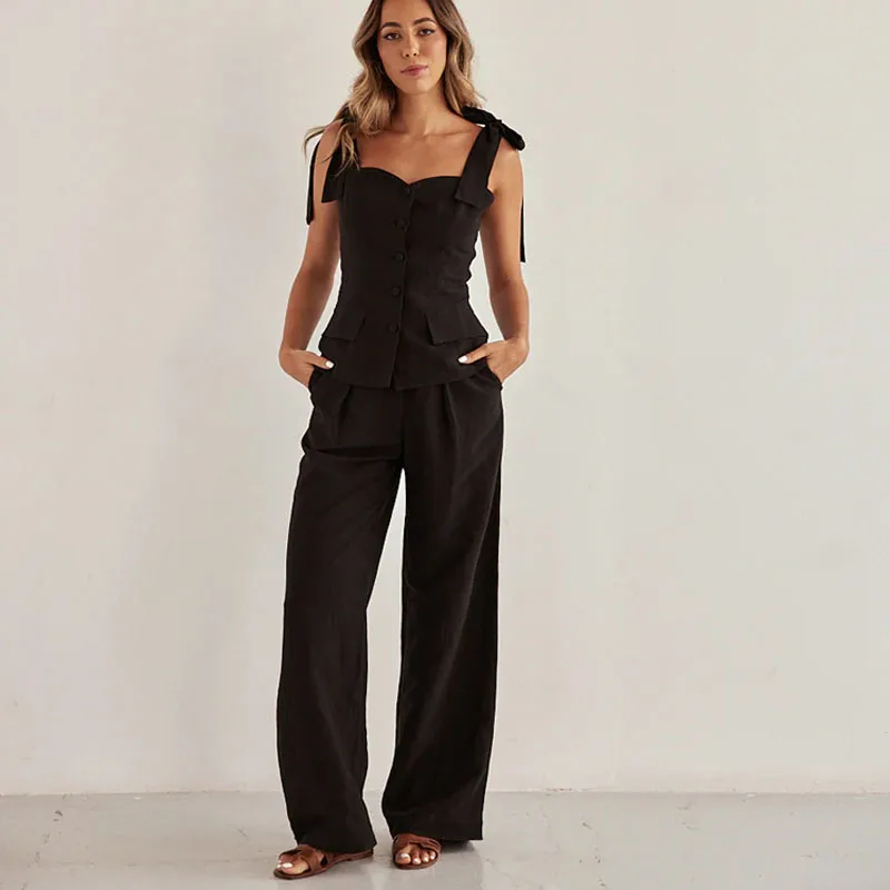 2025 Spring and Summer New Black Strap Stand Top High Waist Wide Leg Pants Fashion Two-Piece Club Clothing Vestidos
2025 Spring and Summer New Black Strap Stand Top High Waist Wide Leg Pants Fashion Two-Piece Club Clothing Vestidos