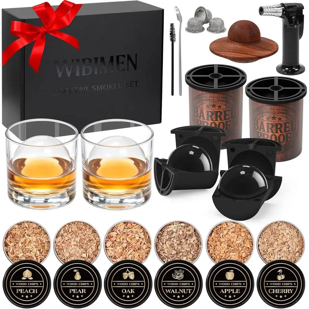 Whiskey Smoker Set with 2 Ice Ball Molds, Torch, 6 Wood Chips, Classic Cocktail Smoker for Bourbon Enthusiasts
Whiskey Smoker Set with 2 Ice Ball Molds, Torch, 6 Wood Chips, Classic Cocktail Smoker for Bourbon Enthusiasts