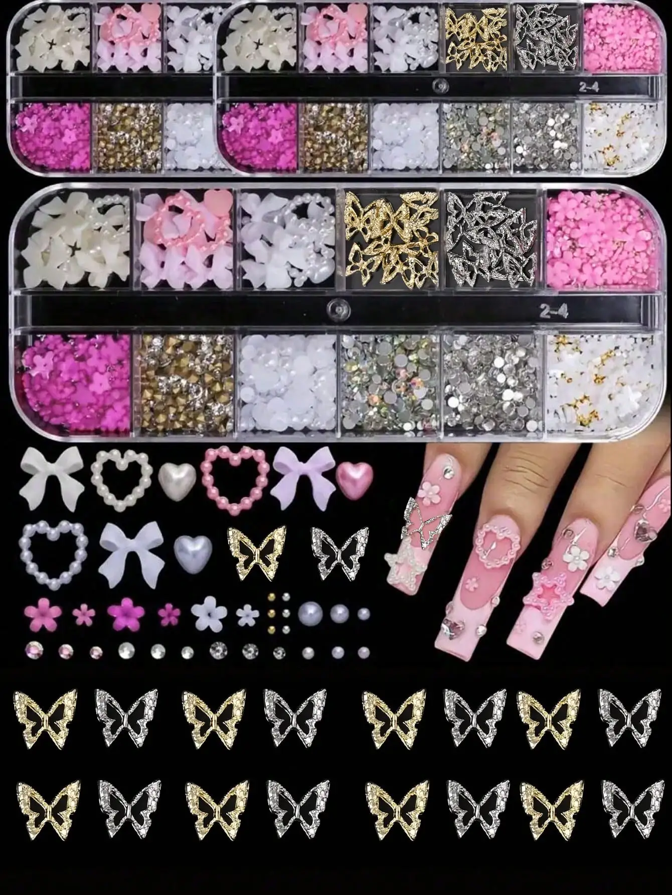 95pcs Y2K 3D Nail Art Decoration Set: Rhinestones, Faux Pearls, 20pcs Thick Butterfly, Bow, Heart & 3D Flower Decor. For Y2K Nail Art. Women Nail Supplies.
95pcs Y2K 3D Nail Art Decoration Set: Rhinestones, Faux Pearls, 20pcs Thick Butterfly, Bow, Heart & 3D Flower Decor. For Y2K Nail Art. Women Nail Supplies.