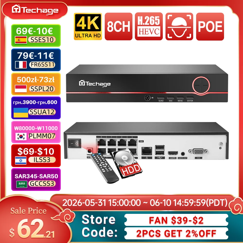 Techage H.265 8CH POE NVR 4K 8MP 5MP 4MP 1080P Power over Ethernet IP NVR Two-way Audio Face/Human Detection Onvif Protocol P2P
Techage H.265 8CH POE NVR 4K 8MP 5MP 4MP 1080P Power over Ethernet IP NVR Two-way Audio Face/Human Detection Onvif Protocol P2P