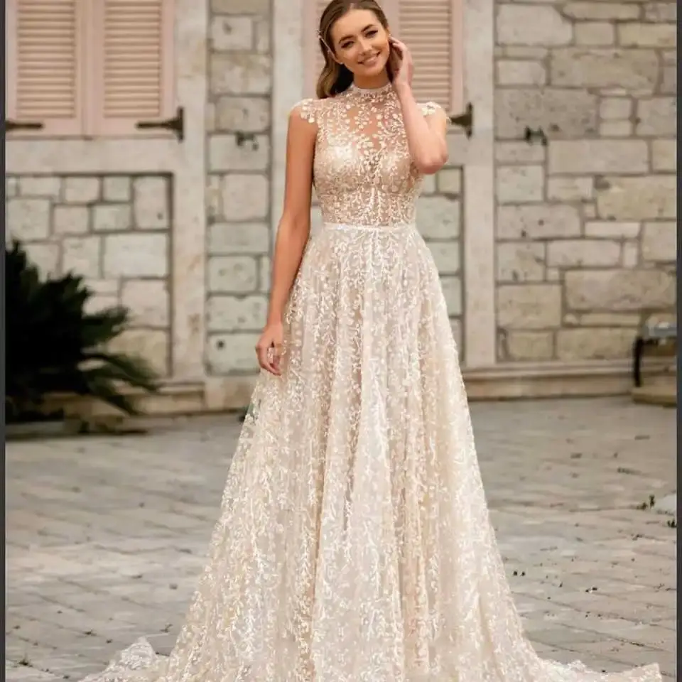 Classic A-Line Wedding Dresses Appliques Lace High Neck Sleeveless Bridal Dress Backless Court Train Vestido De Noiva Customized
Classic A-Line Wedding Dresses Appliques Lace High Neck Sleeveless Bridal Dress Backless Court Train Vestido De Noiva Customized