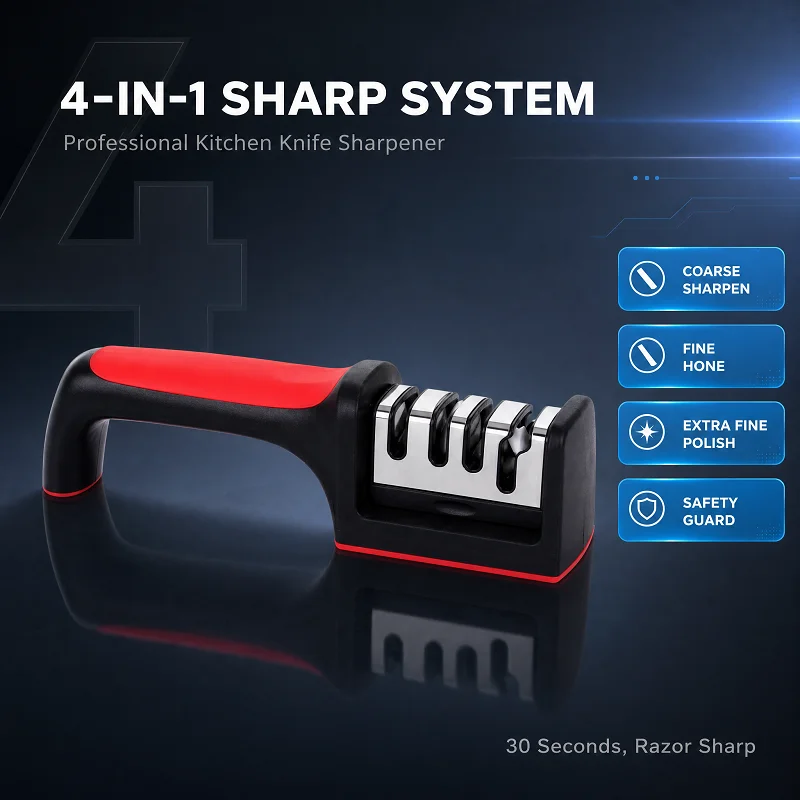 New Arrival Red Black 4-in-1 Knife Sharpener Manual Fast Sharpening Tool Multifunctional Kitchen Grinder for Home Kitchen Knives
New Arrival Red Black 4-in-1 Knife Sharpener Manual Fast Sharpening Tool Multifunctional Kitchen Grinder for Home Kitchen Knives