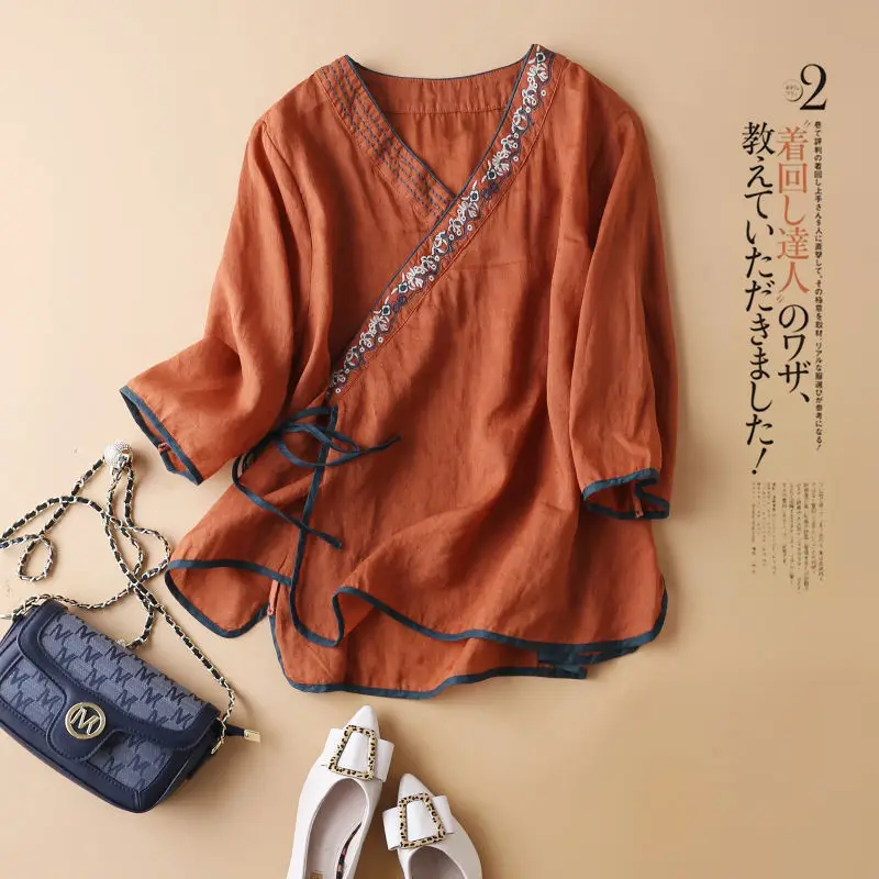 Женская летняя рубашка из хлопка и льна, новый литературный китайский топ с v-образным вырезом и вышивкой, рубашка с короткими рукавами и рукавами «пять четвертей»
Женская летняя рубашка из хлопка и льна, новый литературный китайский топ с v-образным вырезом и вышивкой, рубашка с короткими рукавами и рукавами «пять четвертей»