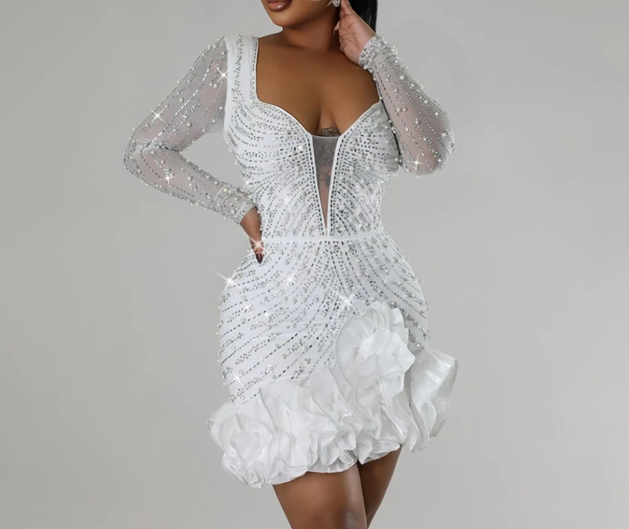 Elegant Dresses for Women Luxury Sexy V-Neck Long Sleeve Mesh Patchwork Rhinestone Pearl Decor Ruffles Bodycon Dress Mini Dress
Elegant Dresses for Women Luxury Sexy V-Neck Long Sleeve Mesh Patchwork Rhinestone Pearl Decor Ruffles Bodycon Dress Mini Dress