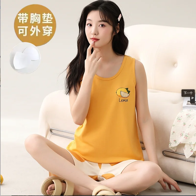 Summer Sleepwear with chest pad integrated pajamas Women's summer Comfort Cotton Sweet Sleeveless loungewear set pijama mujer
Summer Sleepwear with chest pad integrated pajamas Women's summer Comfort Cotton Sweet Sleeveless loungewear set pijama mujer