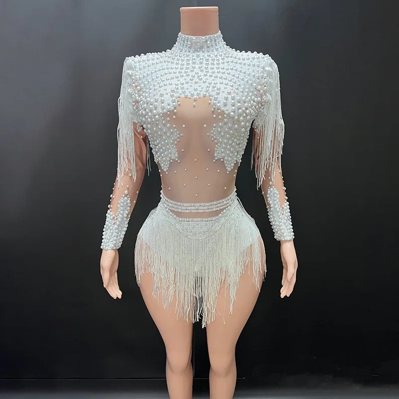 Women Stretchy Long Sleeve Turtleneck Pearls Studded Tassle Bodysuits Special Occassion Showgirl Stage Costumes Dancer Dress
Women Stretchy Long Sleeve Turtleneck Pearls Studded Tassle Bodysuits Special Occassion Showgirl Stage Costumes Dancer Dress