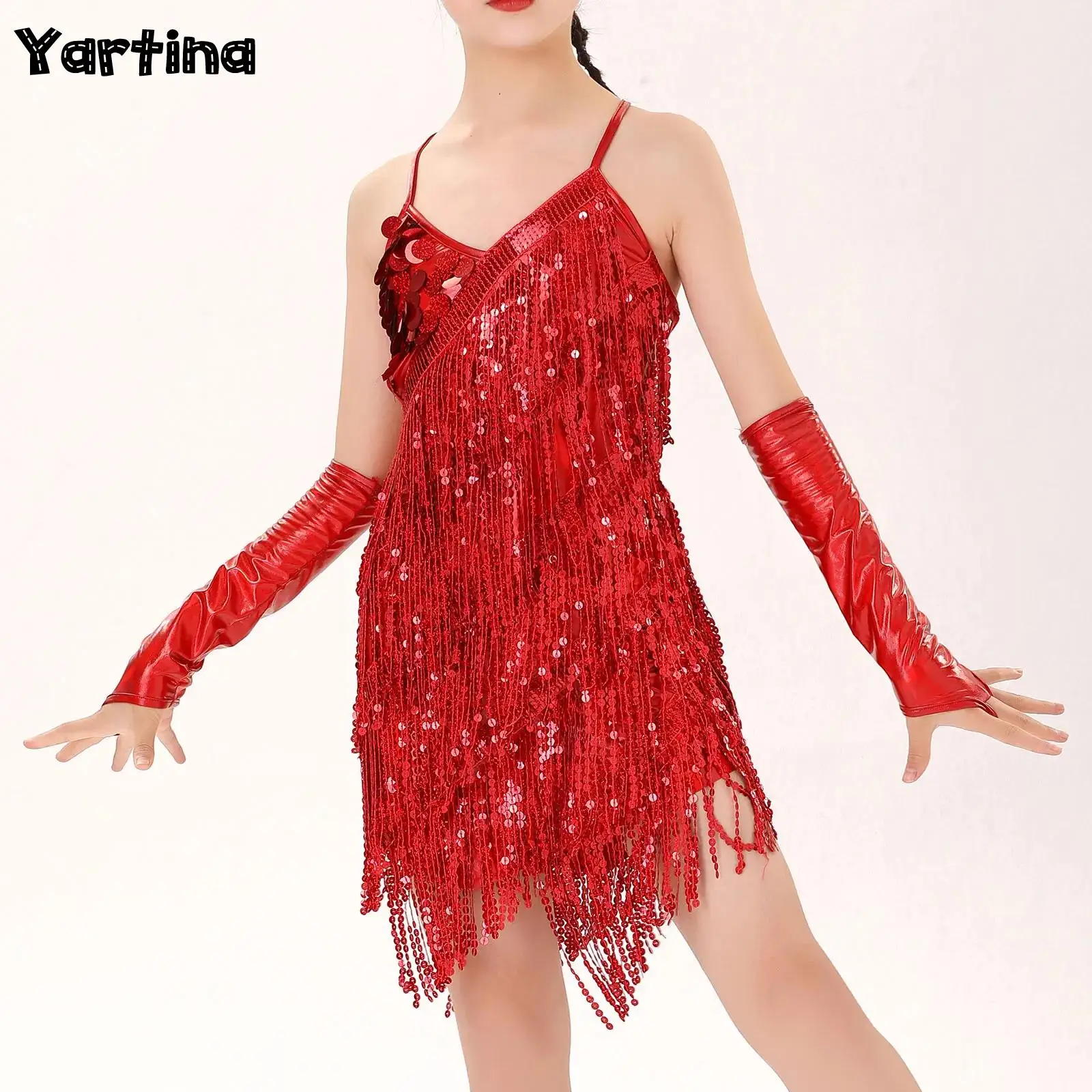 Kids Girls Latin Tango Cha-Cha Dance Performance Outfit V Neck Self-Tie Backless Sparkly Sequins Tassel Dress with 1 Pair Gloves
Kids Girls Latin Tango Cha-Cha Dance Performance Outfit V Neck Self-Tie Backless Sparkly Sequins Tassel Dress with 1 Pair Gloves