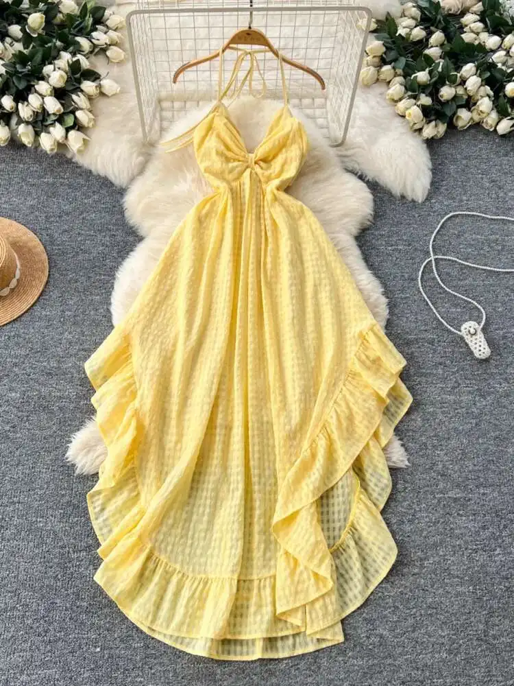 Spring Summer Yellow Beach Dress Women French V-neck Hanging Neck High Waist Irregular Ruffle Dresses Ladies Slim Boho Long Robe
Spring Summer Yellow Beach Dress Women French V-neck Hanging Neck High Waist Irregular Ruffle Dresses Ladies Slim Boho Long Robe