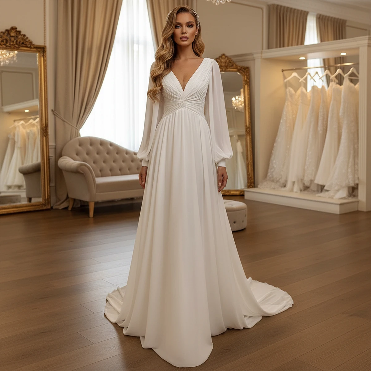 Elegant Chiffon V Neck Wedding Dress For Women Long Sleeve A Line Bridal Gown For Bride Pleated Ball Gown For Party
Elegant Chiffon V Neck Wedding Dress For Women Long Sleeve A Line Bridal Gown For Bride Pleated Ball Gown For Party