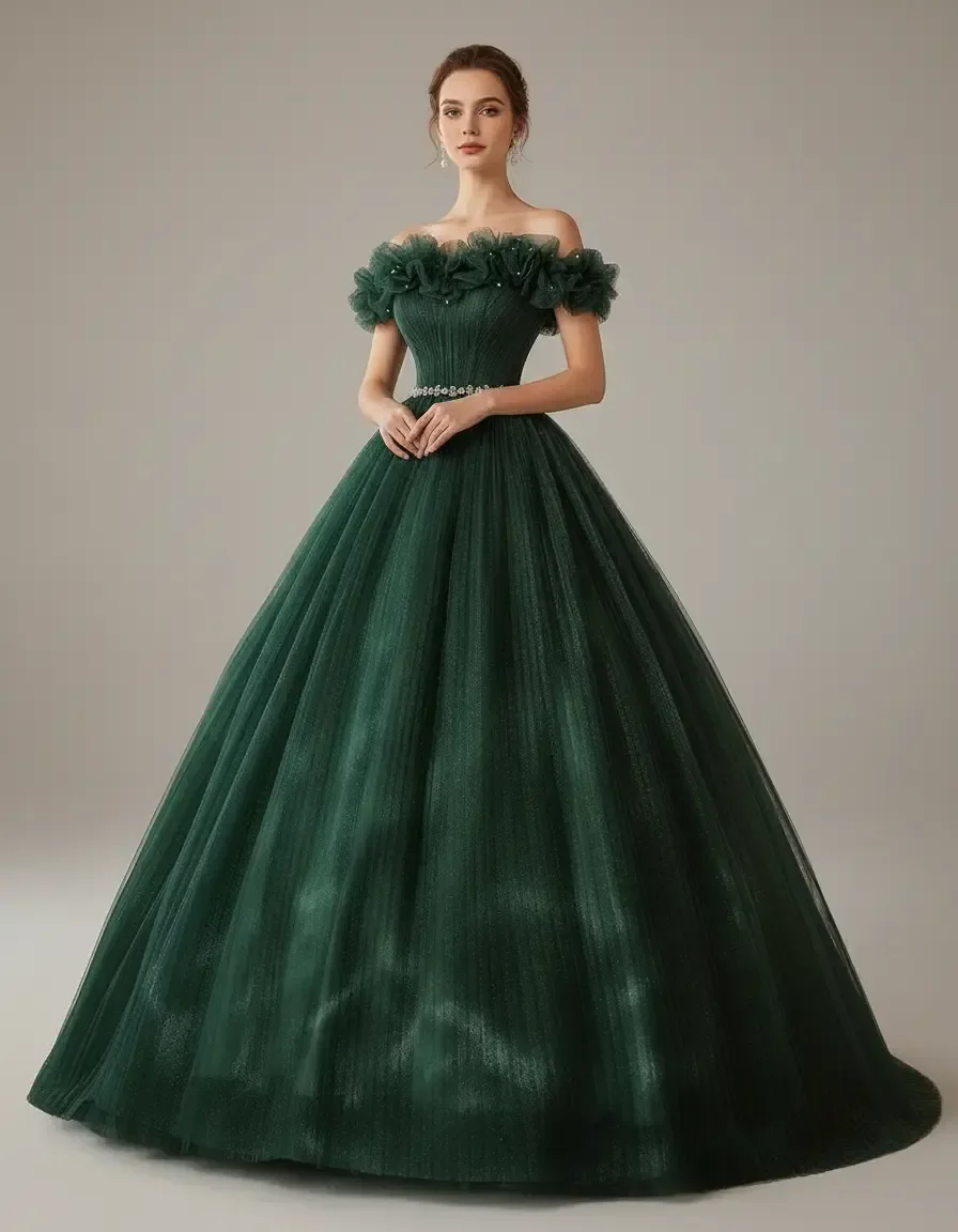 Dark Green Off Shoulder Ruffle Neck Ball Gown Crystal Waist Quinceanera Wedding Evening Prom Formal Gown Free Petticoat
Dark Green Off Shoulder Ruffle Neck Ball Gown Crystal Waist Quinceanera Wedding Evening Prom Formal Gown Free Petticoat