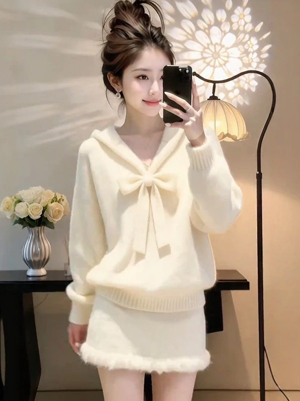 Уникальный красивый вязаный комплект из свитера и юбки для женщин с бантом, теплый повседневный стиль, осенне-зимняя одежда
Уникальный красивый вязаный комплект из свитера и юбки для женщин с бантом, теплый повседневный стиль, осенне-зимняя одежда