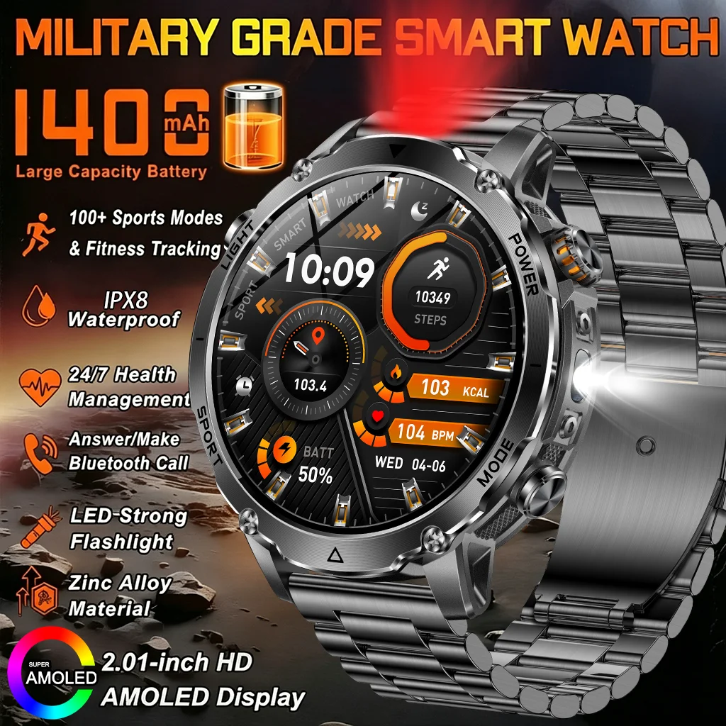 New Rugged Military Smart Watch Men 1400 mAh battery 1.70 inch AMOLED Bluetooth Call IPX8 Waterproof LED flashlight Smart watch
New Rugged Military Smart Watch Men 1400 mAh battery 1.70 inch AMOLED Bluetooth Call IPX8 Waterproof LED flashlight Smart watch