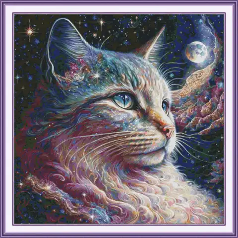 Joy Sunday Pre-printed Cross Stitch Kit  Easy Pattern Aida  Stamped Fabric Embroidery Set-Starry Sky Cat